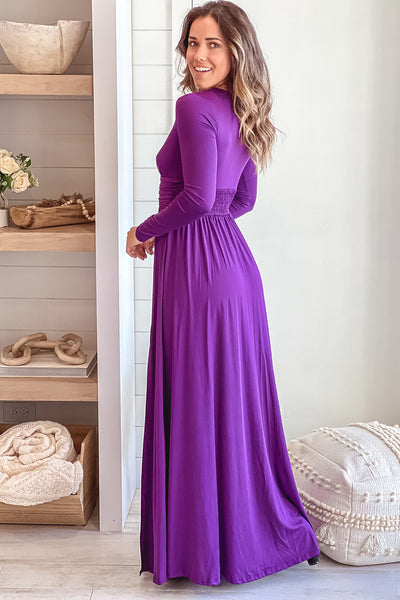 purple v-neck maxi dress with long sleeves