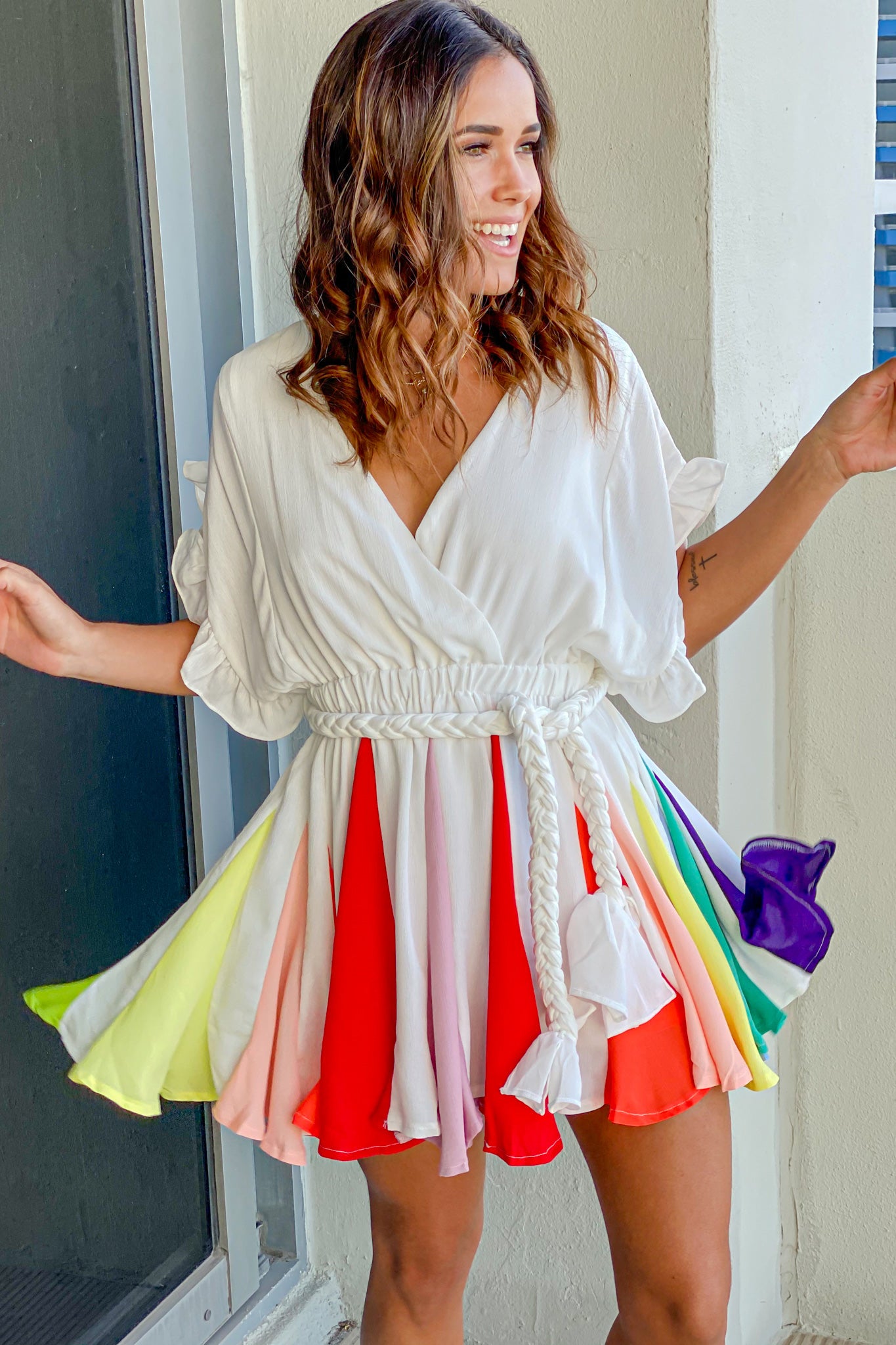 rainbow dress short Dopamine Sweet Girl Cotton Candy Rainbow Tie-Dye Pattern Waist-Cinched Dress