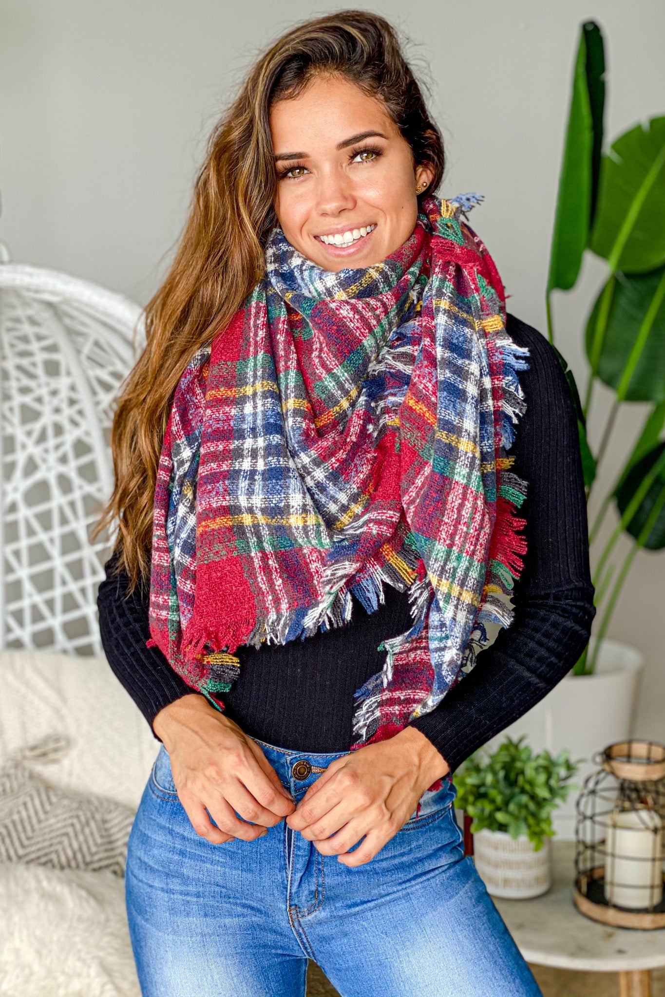 red and blue plaid blanket scarf