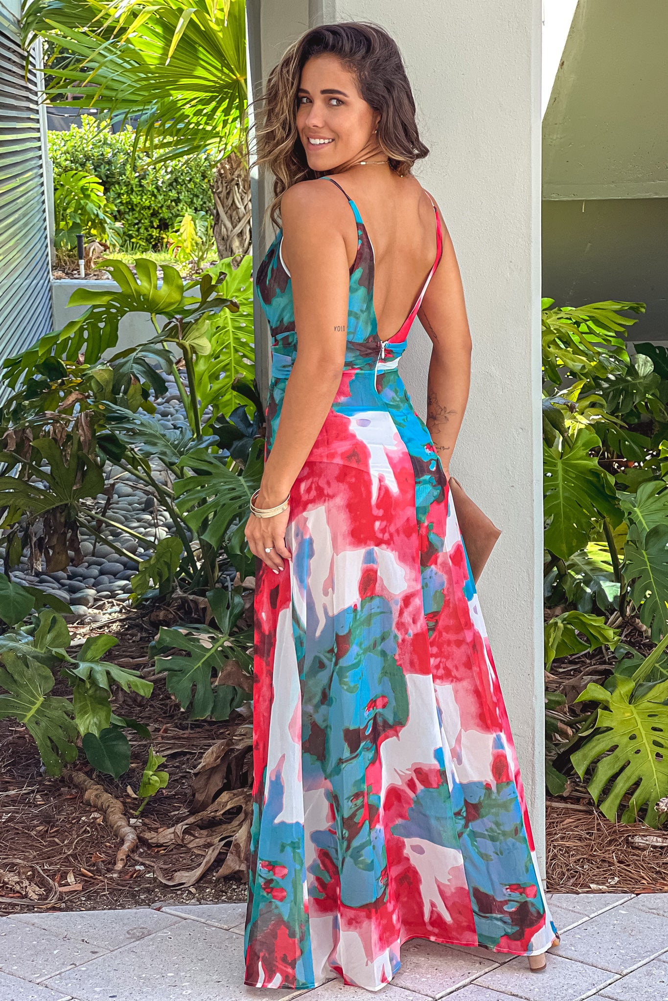 red and blue printed v-back maxi dress