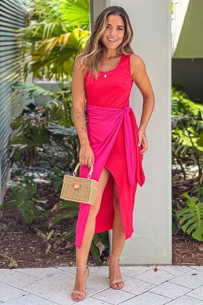 red and pink wrap dress with slit