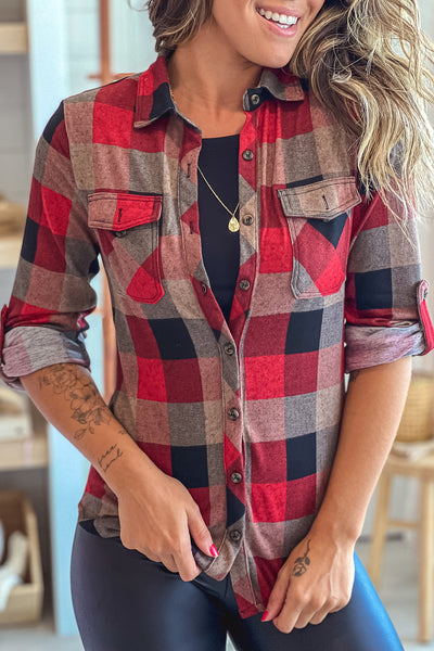 red and taupe plaid shirt