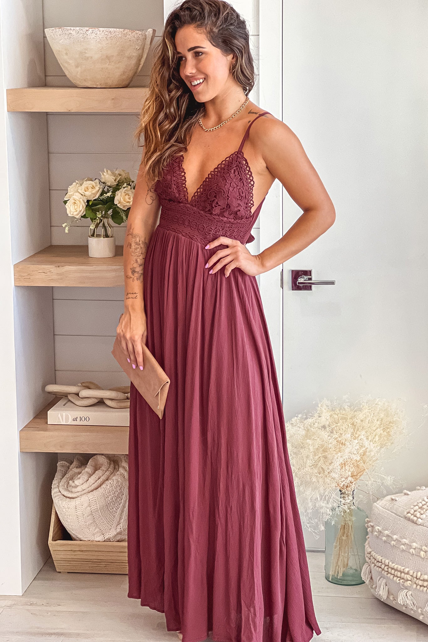 red brow casual maxi dress