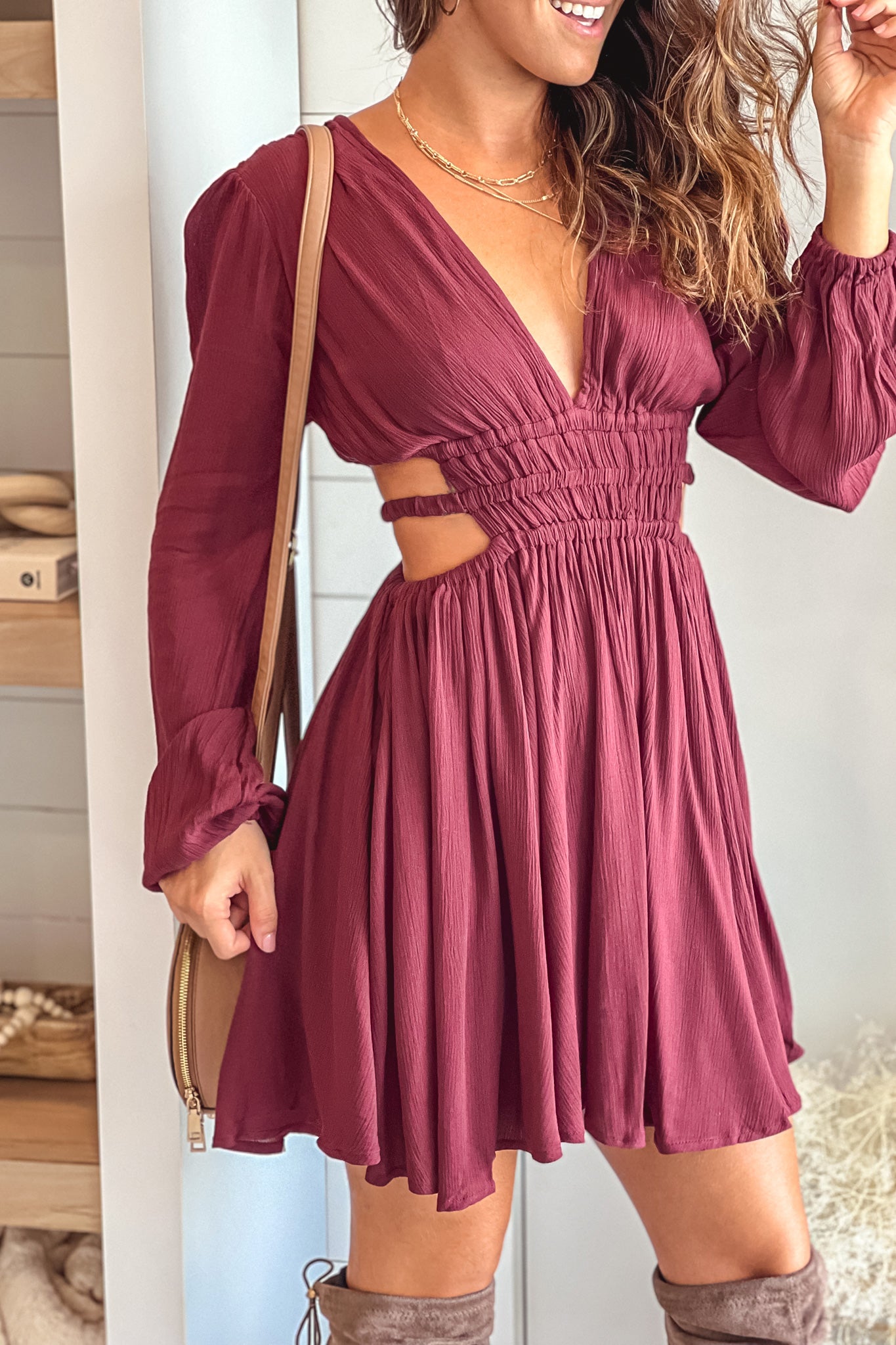 red brown cut out short dress with long sleeves