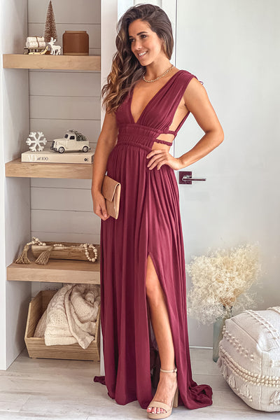 red brown maxi dress with cut out