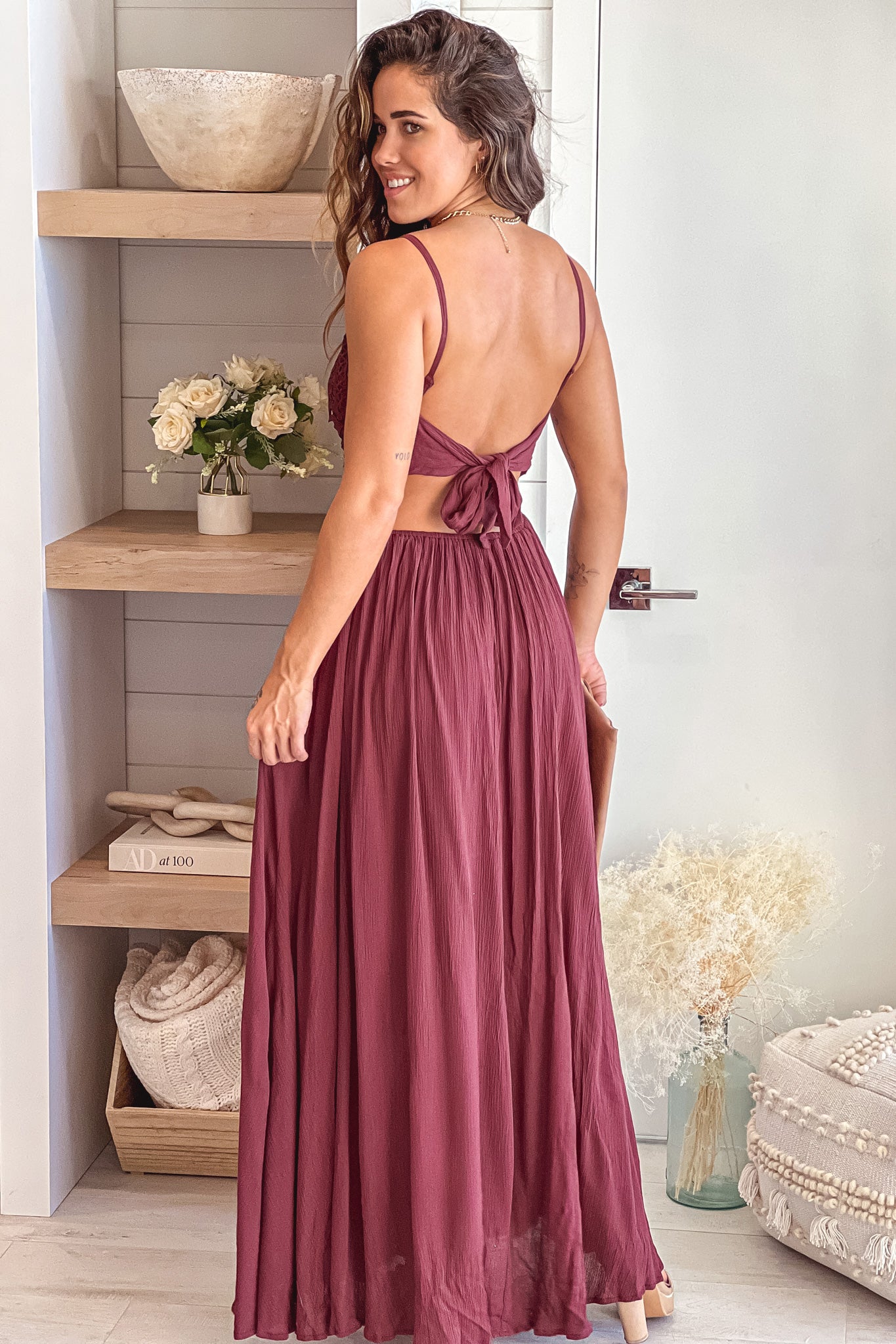 red brow maxi dress with open back