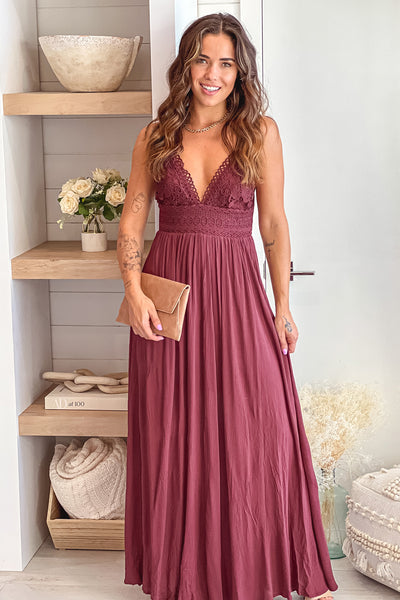 red brow maxi dress with tie back