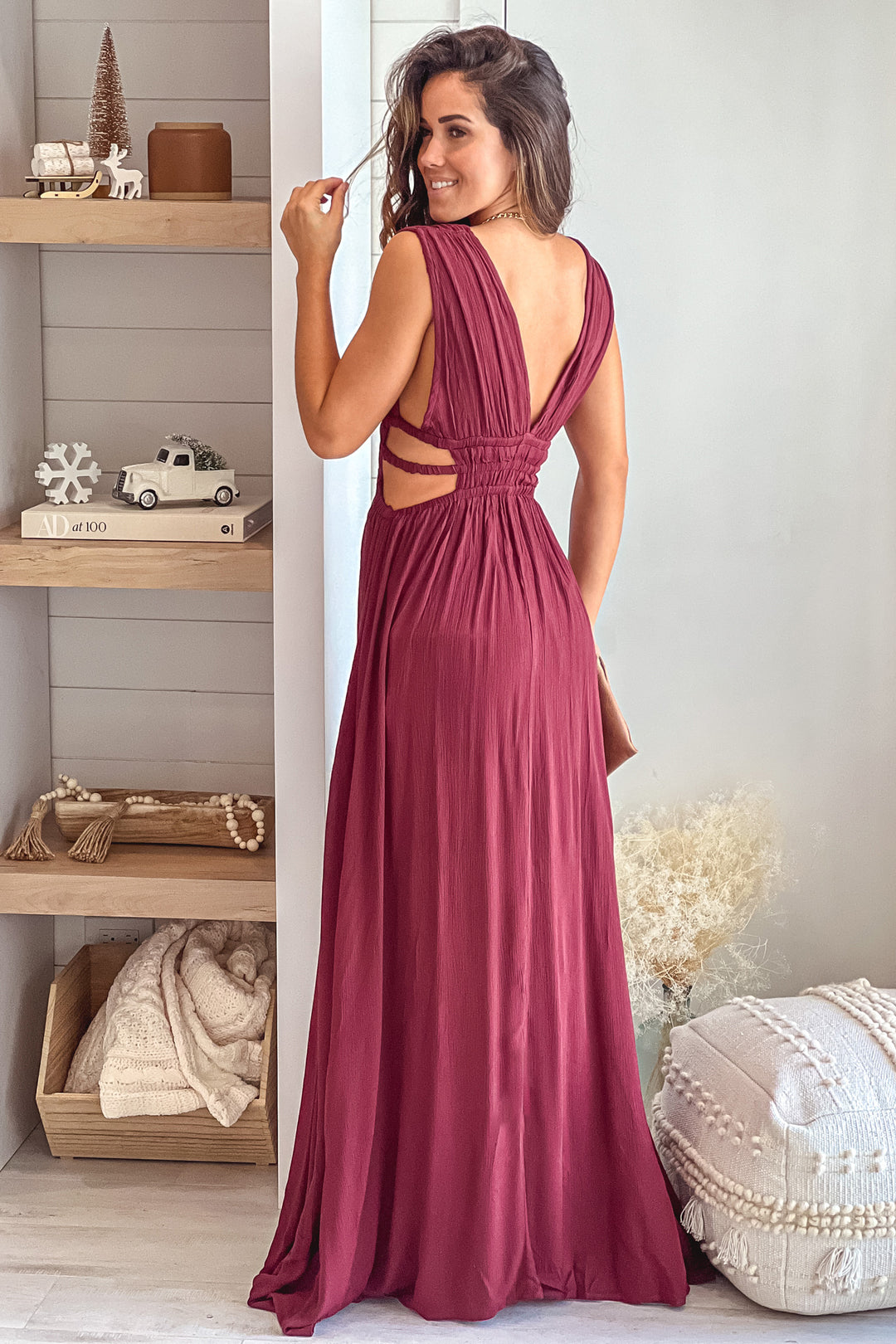 Red Brown V-Neck Maxi Dress With Cut Out And Slit