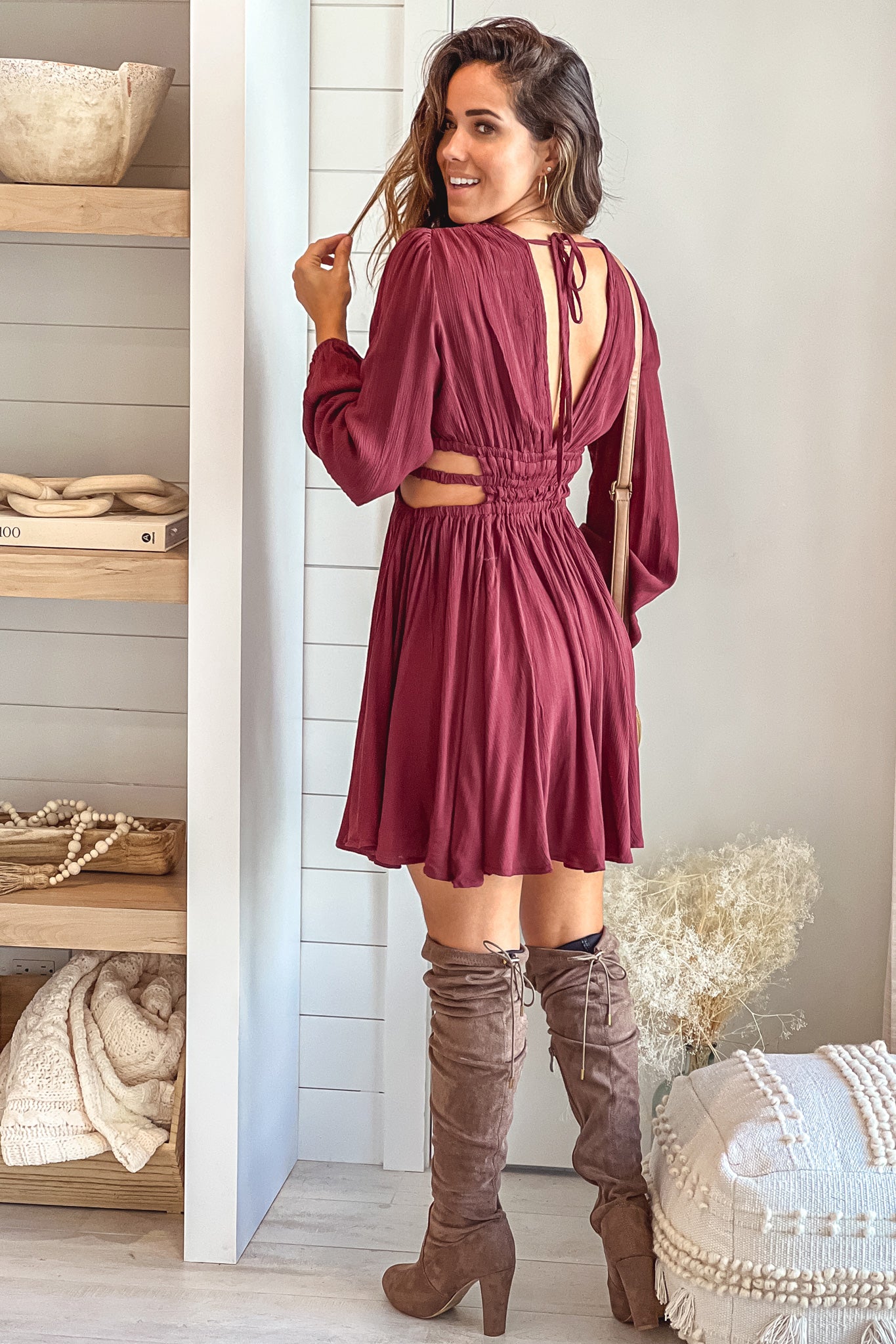 red brown v-back short dress
