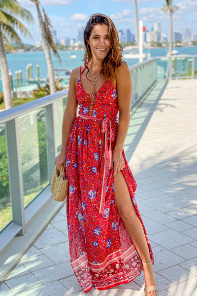 red floral maxi dress