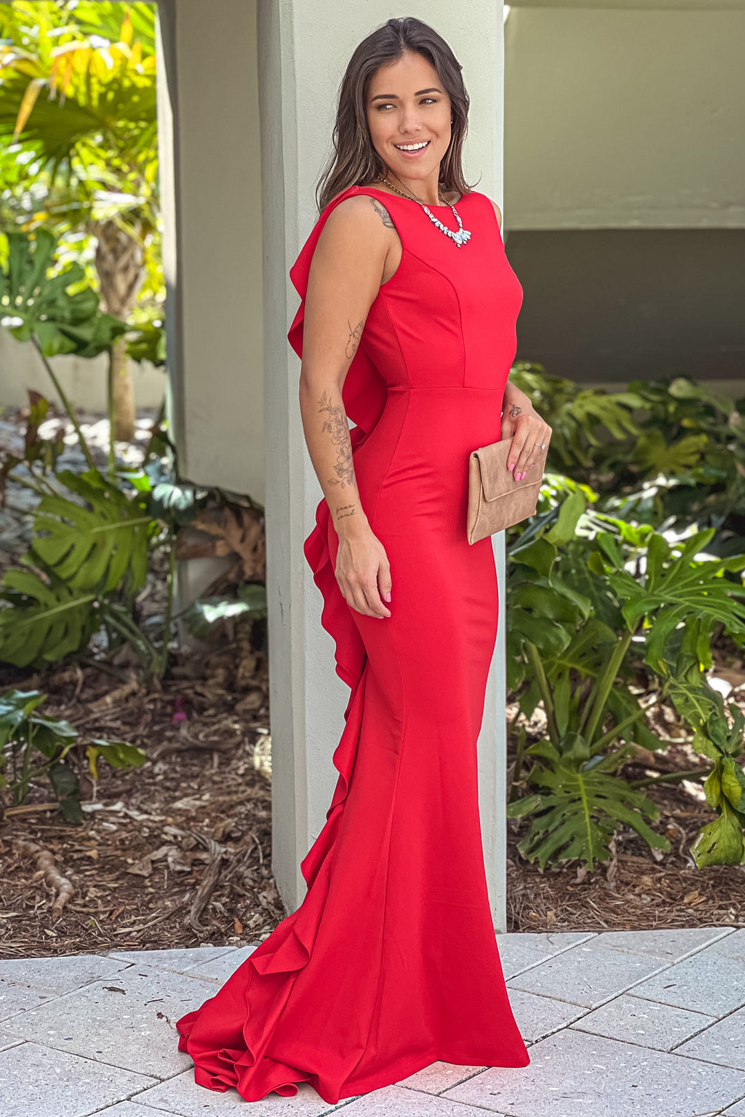 green emerald velvet dress Red Maxi Dress With Ruffle Back