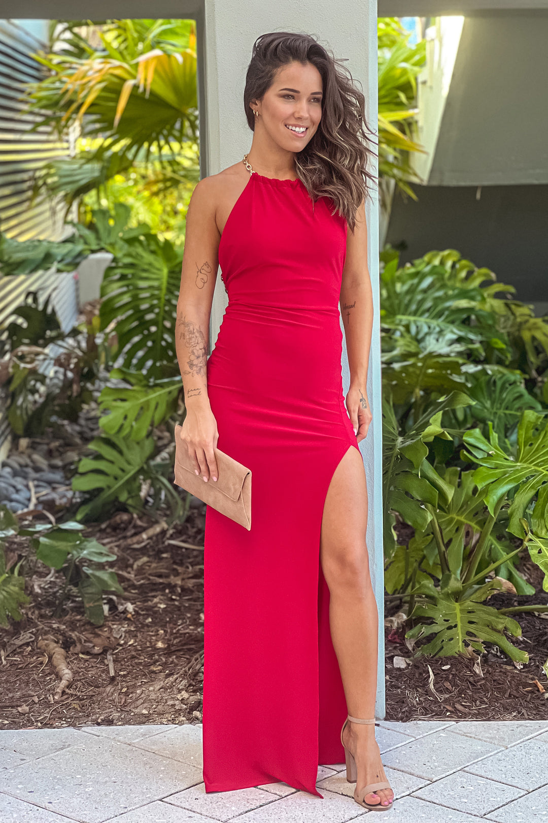 knee length dresses for ladies Red Halter Chain Back Maxi Dress