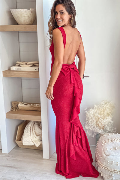 red glitter maxi dress with bow detail