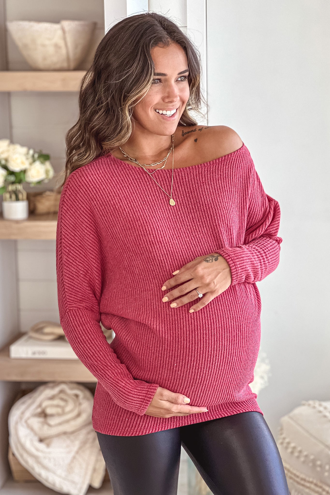 red knit boat neck long sleeve maternity top
