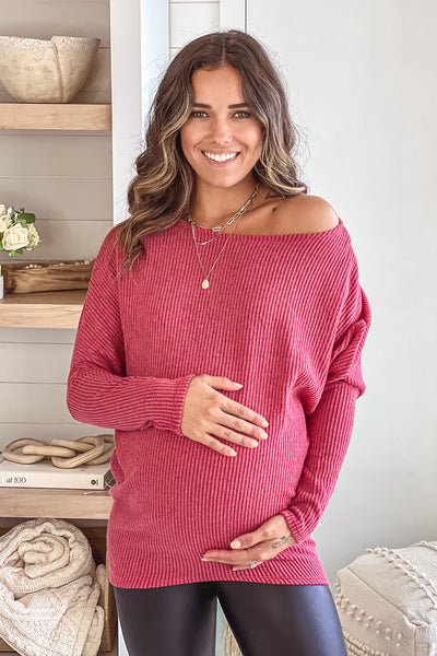 red knit boat neck dropped shoulder long sleeve maternity top