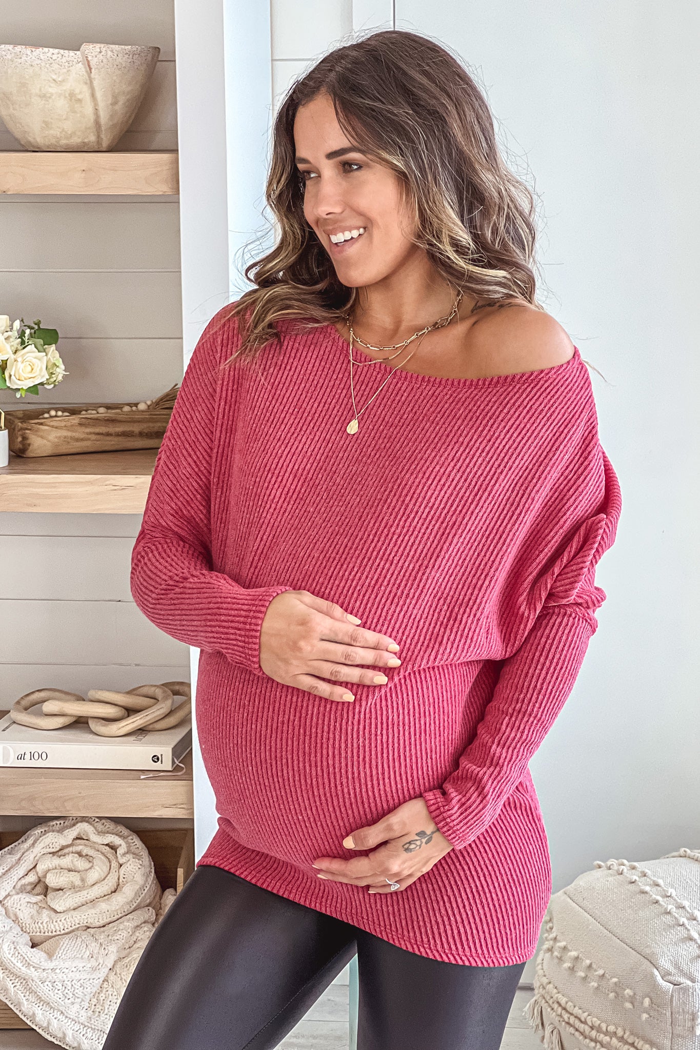 red knit boat neck dropped shoulder maternity top