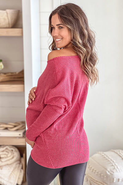 red knit dropped shoulder long sleeve maternity top