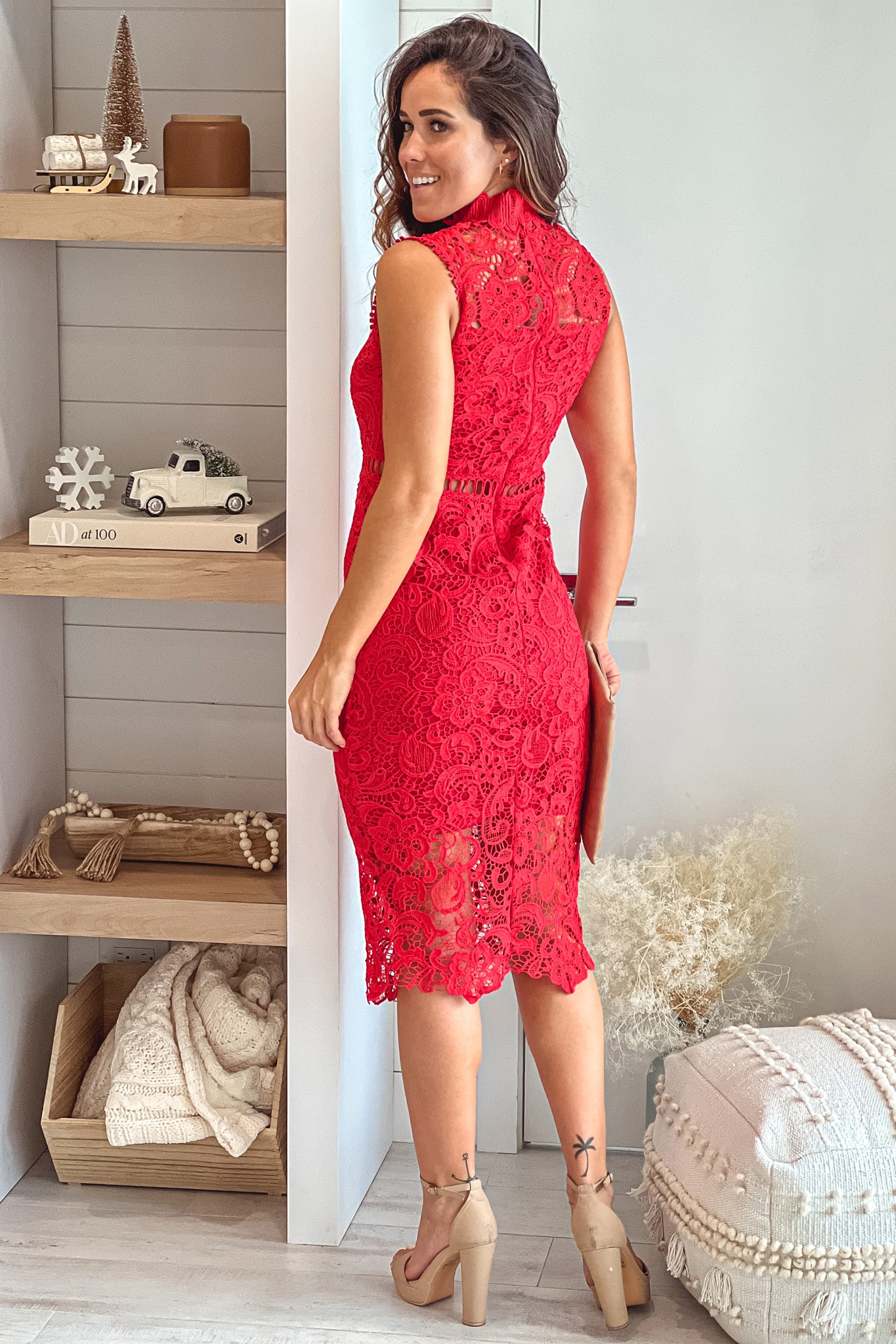 red lace midi dress