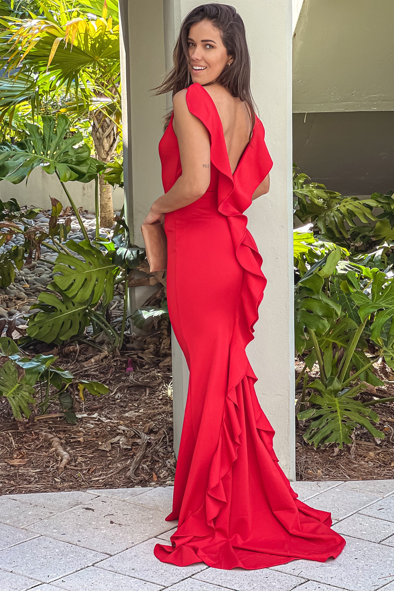 red maxi dress with ruffle back