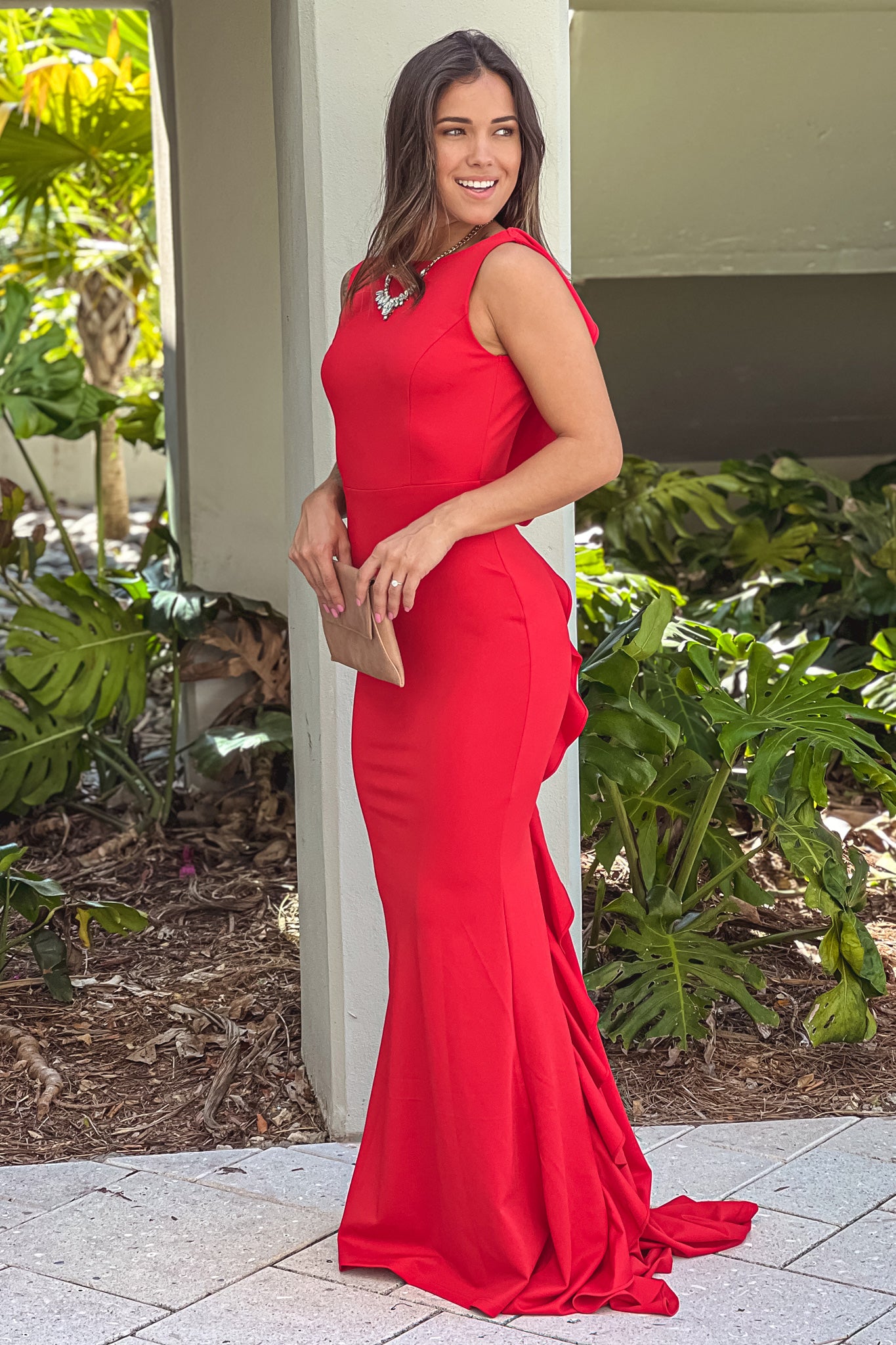 red maxi dress with ruffles