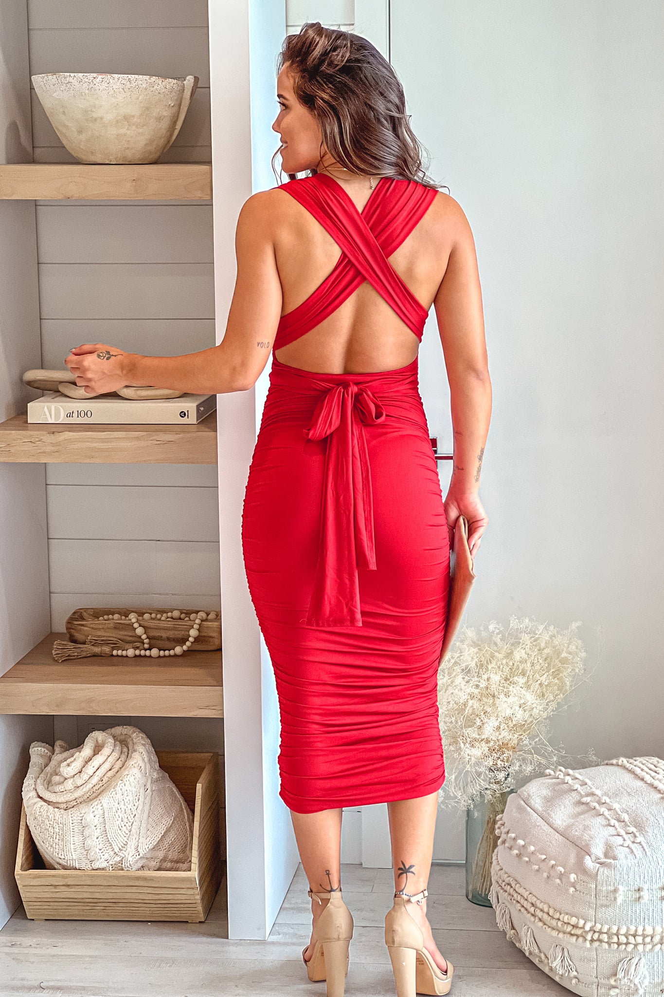 red multi tie ruched bodycon dress