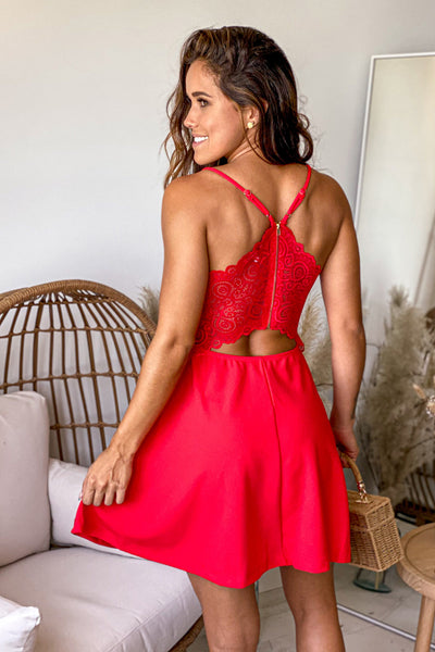 red peplum short dress with lace back
