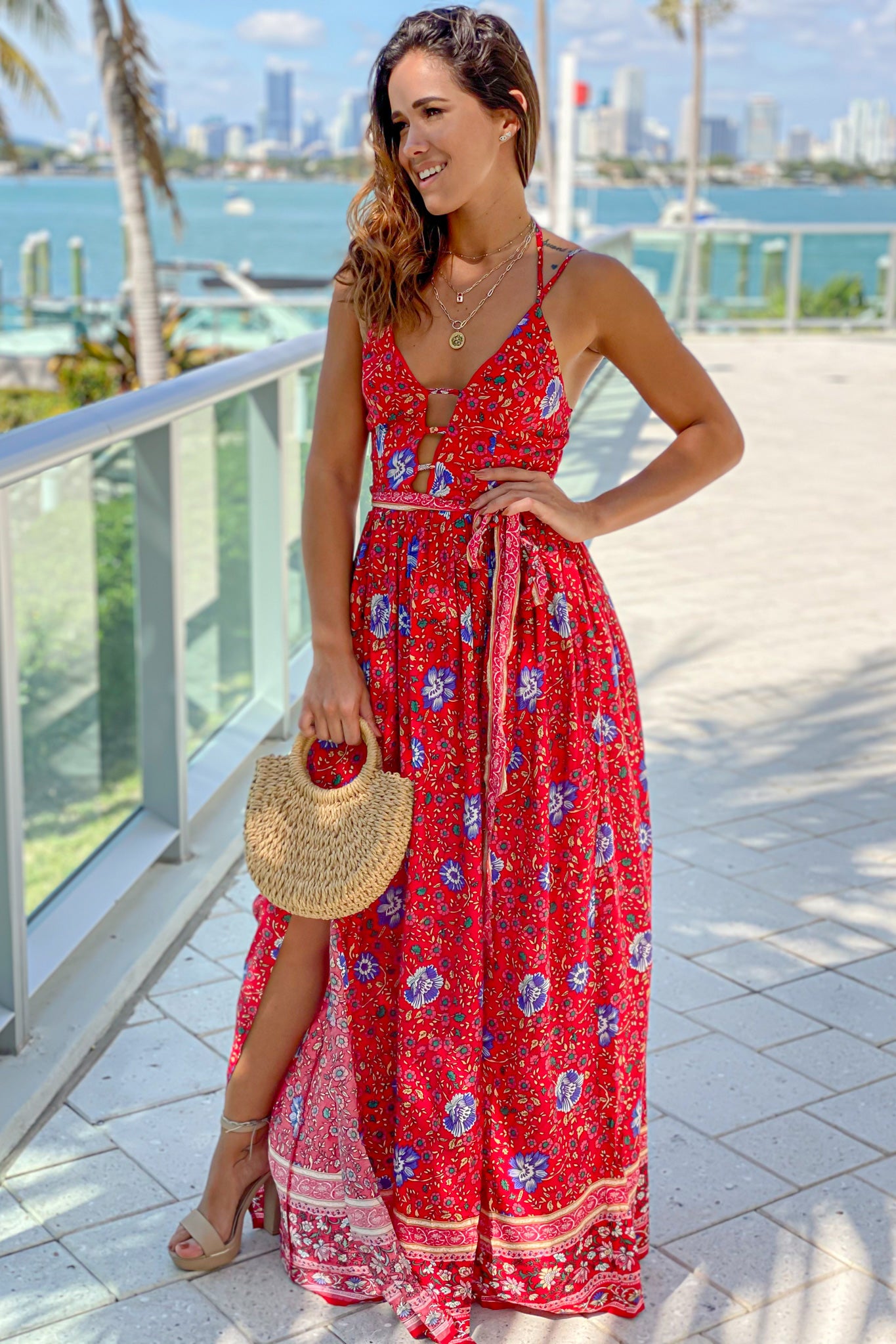 red printed casual maxi dress