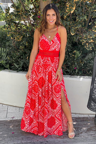 red printed maxi dress with crochet waist