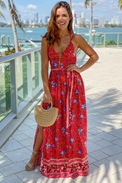 red printed maxi dress with slit