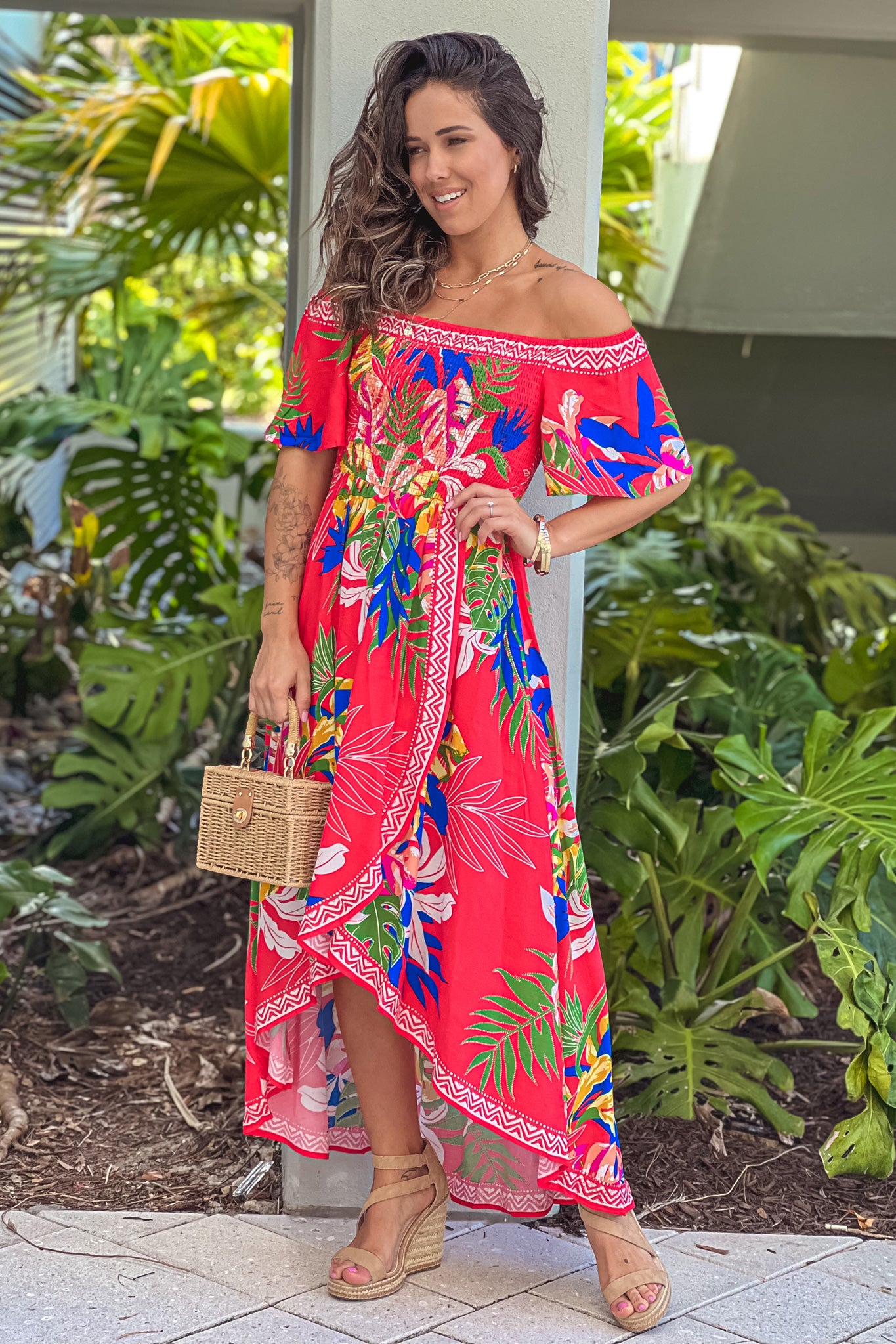 jealous tomato off the shoulder dress Jealous Tomato Women's Off Shoulder Chiffon Tropical Palm Maxi Dress (L, Ivory)