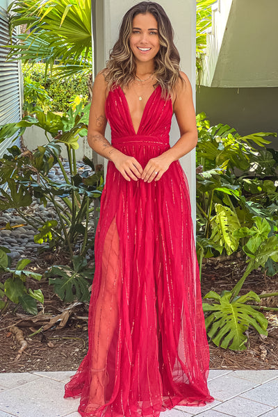 red sequin striped tulle maxi dress