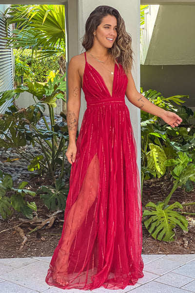 red sequined maxi dress