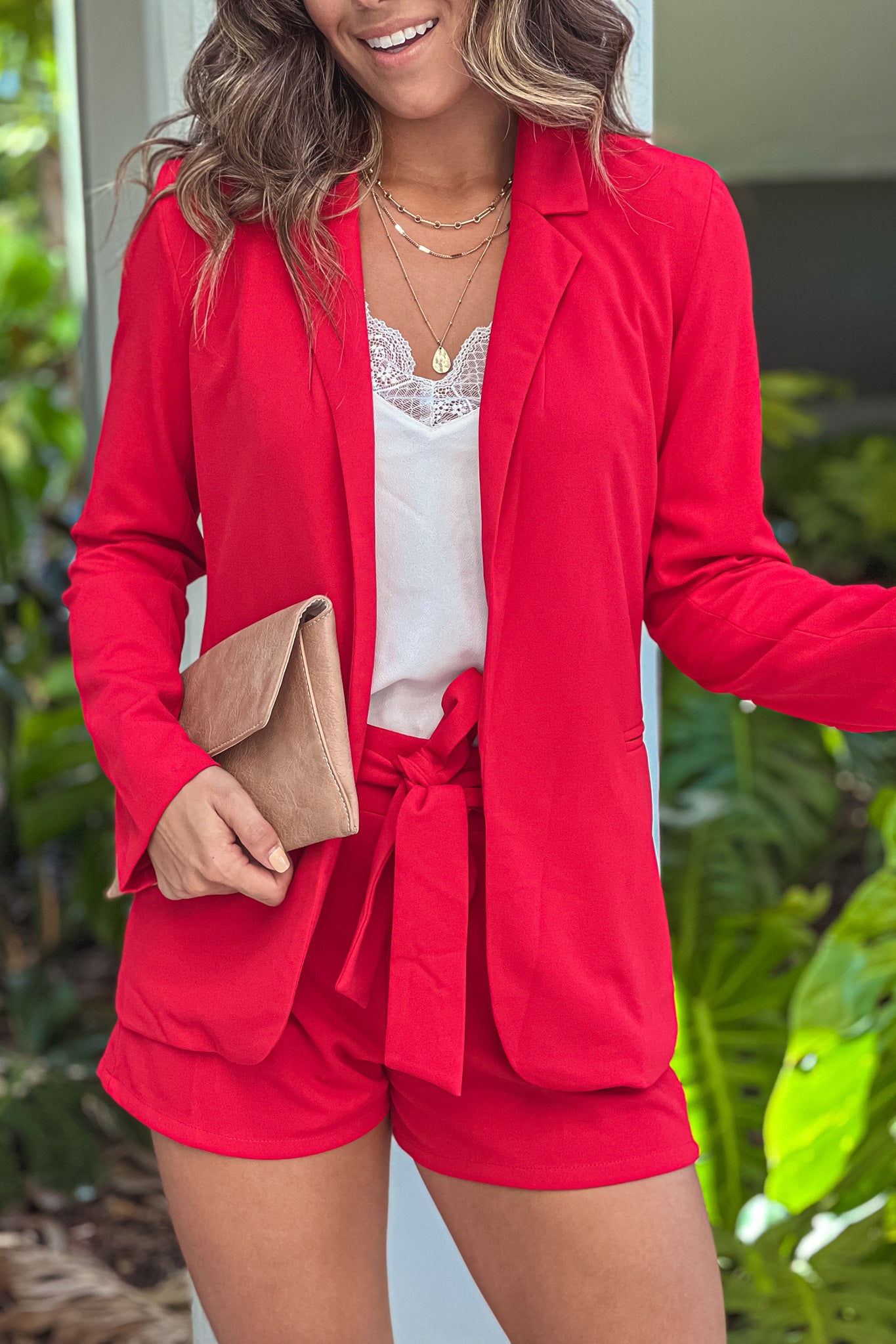 red shorts and blazer set