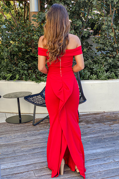 red strapless maxi dress