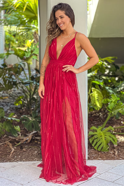 red tulle maxi dress