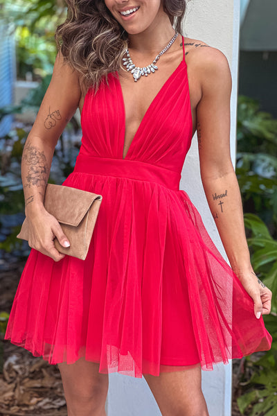 red tulle mini dress with v-neck
