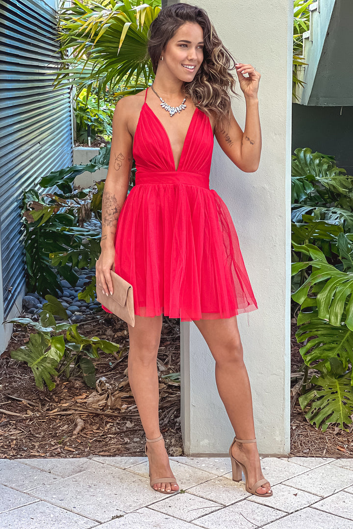 Red Tulle Mini Dress With V-Neck