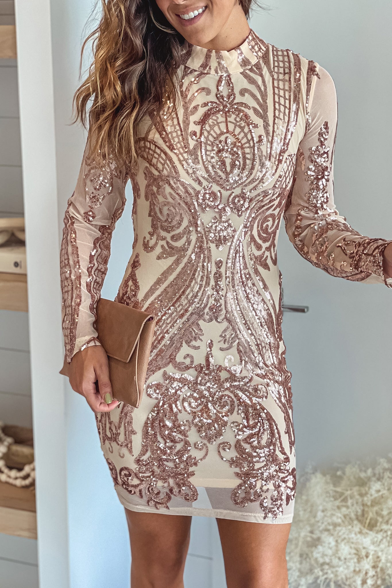 rose gold and beige sequin short dress with long sleeves