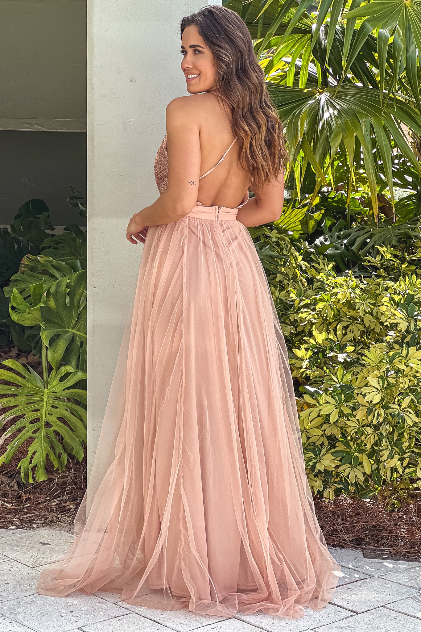 rose gold maxi dress with criss cross back