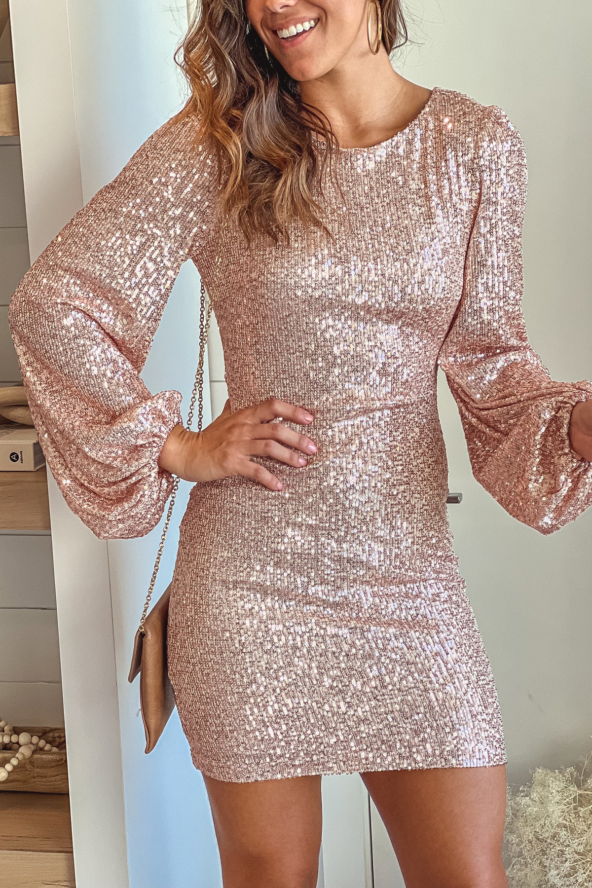 Rose Gold Sequined Short Dress With Open Back And Long Sleeves