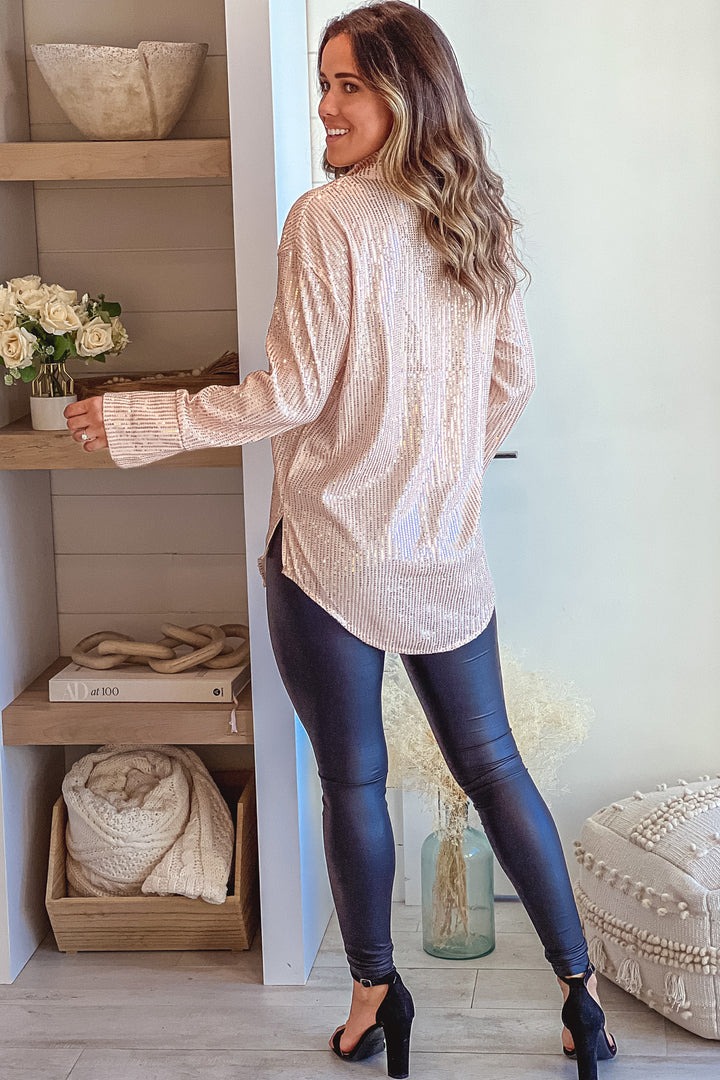slim fit dress slacks Rose Gold Sequin Long Sleeve Top