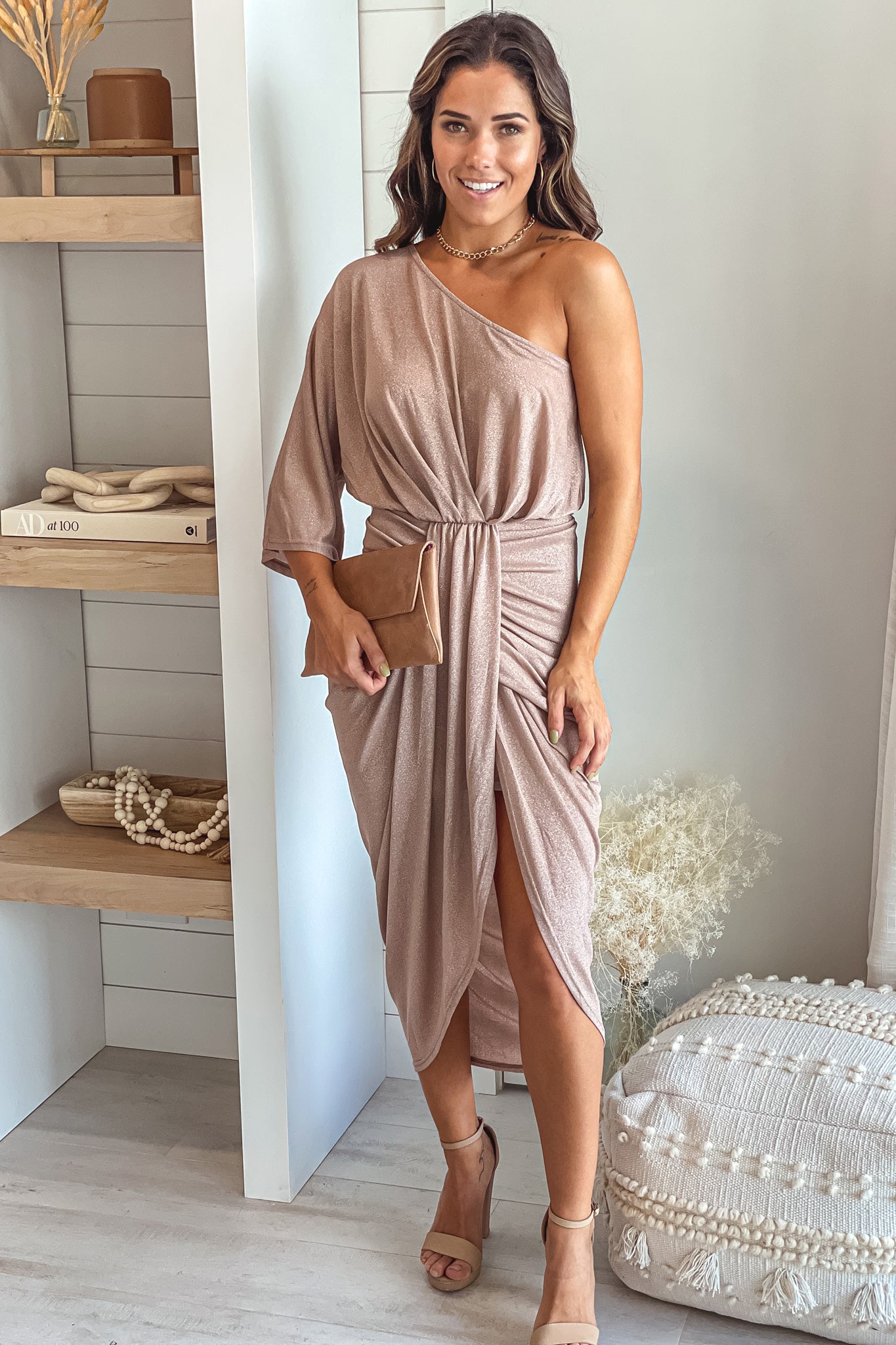 Rose Gold Shimmer One Shoulder Ruched Dress | Maxi Dresses – Saved by ... Rose Gold Shimmer One Shoulder Ruched Dress | Maxi Dresses – Saved by ...