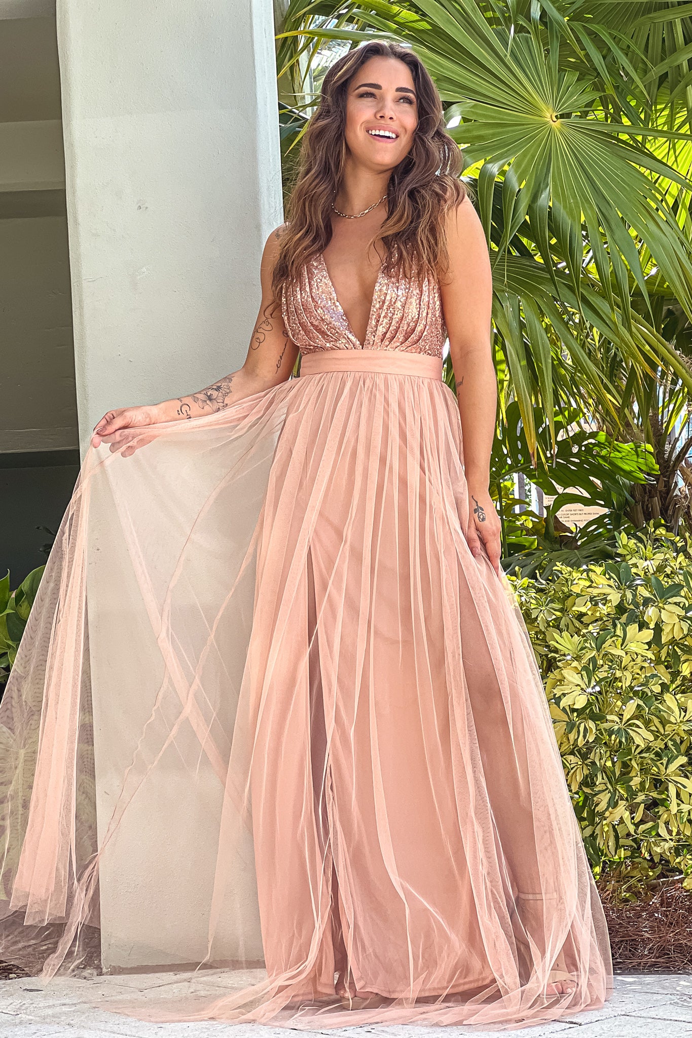 rose gold tulle maxi dress with sequin top