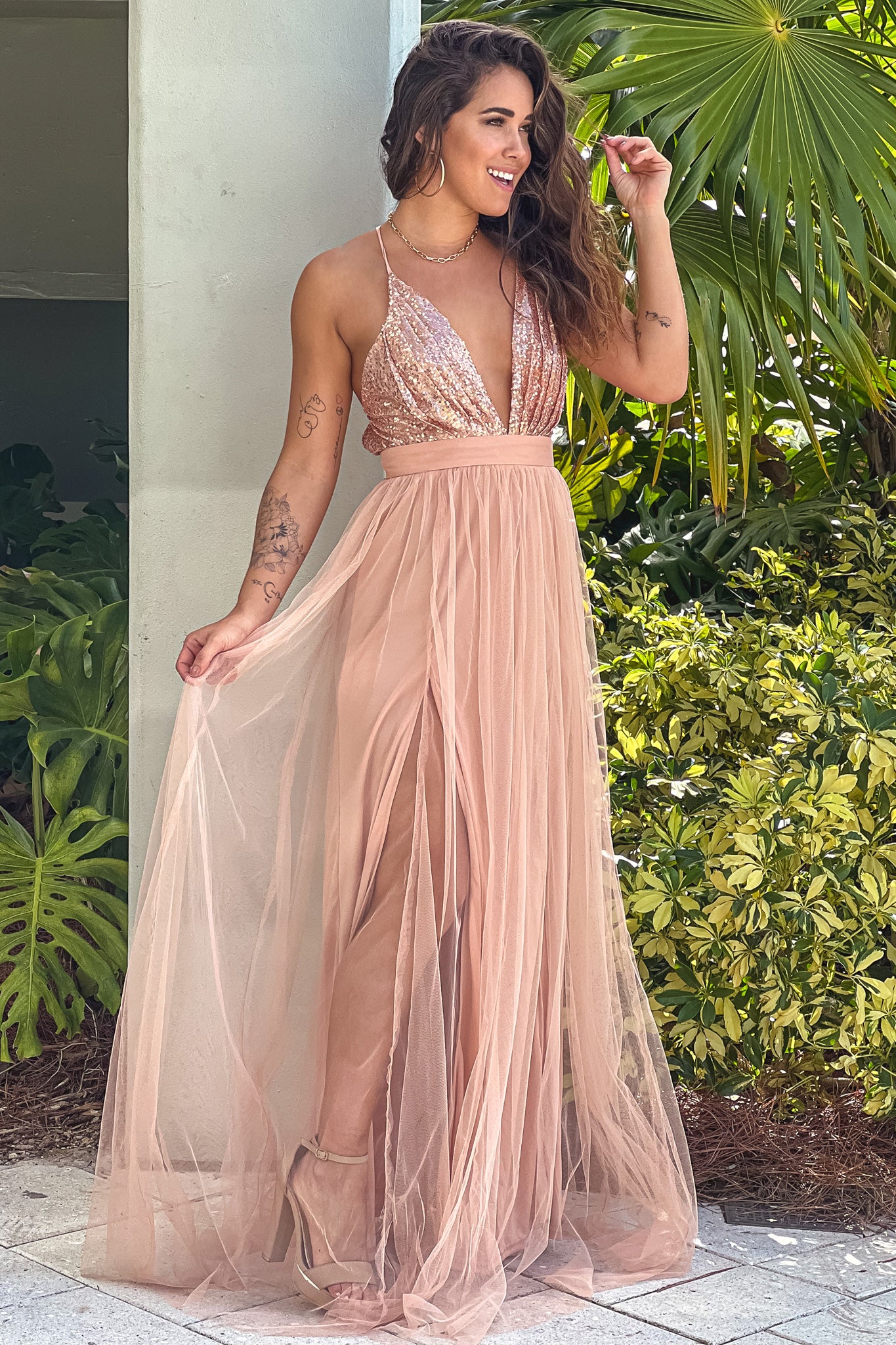 rose gold tulle maxi dress
