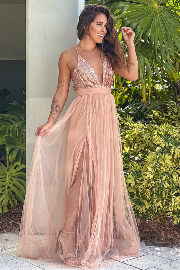 Rose Gold Tulle Maxi Dress with Sequin Top | Maxi Dresses Saved by the Dress Rose Gold Tulle Maxi Dress with Sequin Top | Maxi Dresses Saved by the Dress