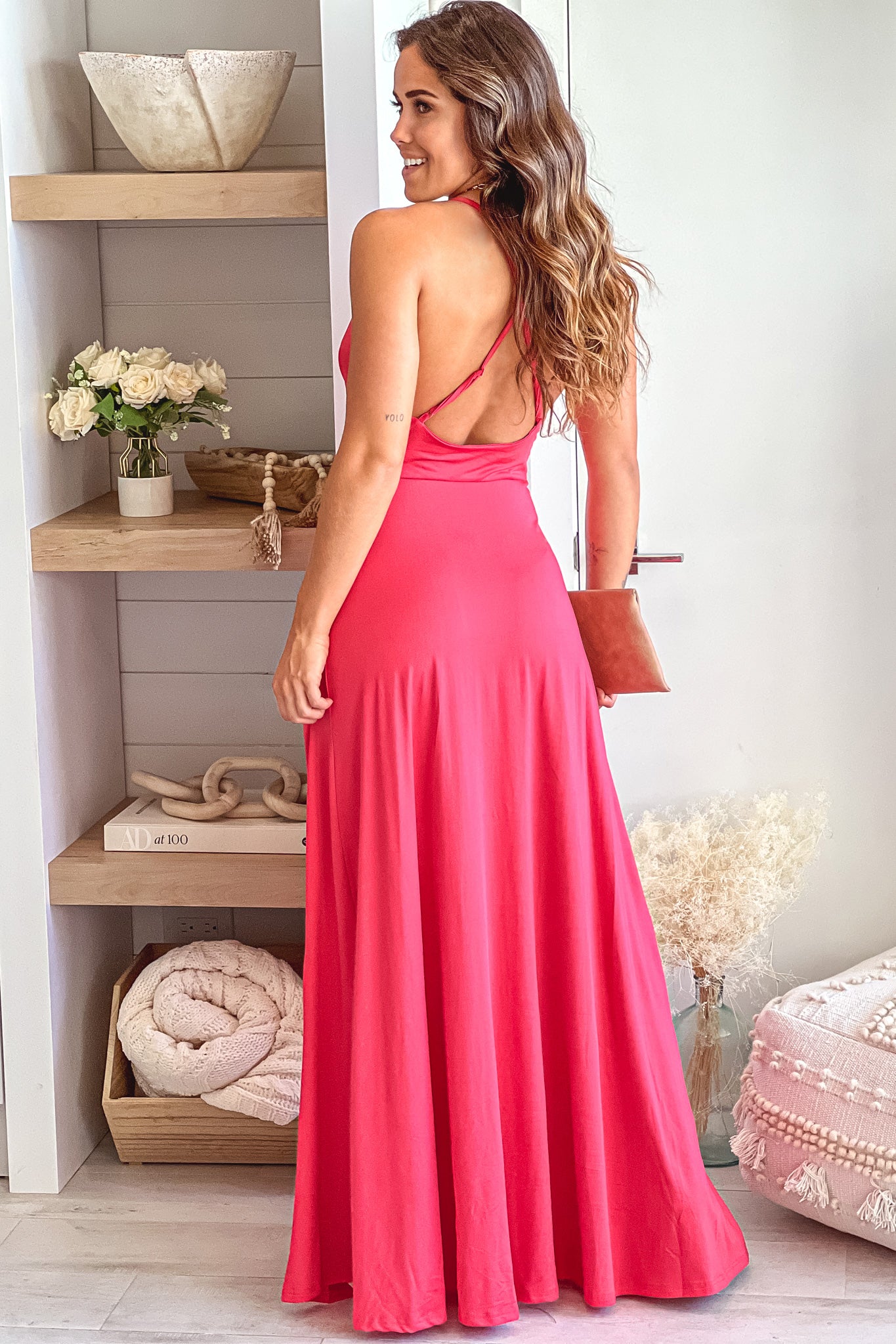 rose maxid dress with criss cross back