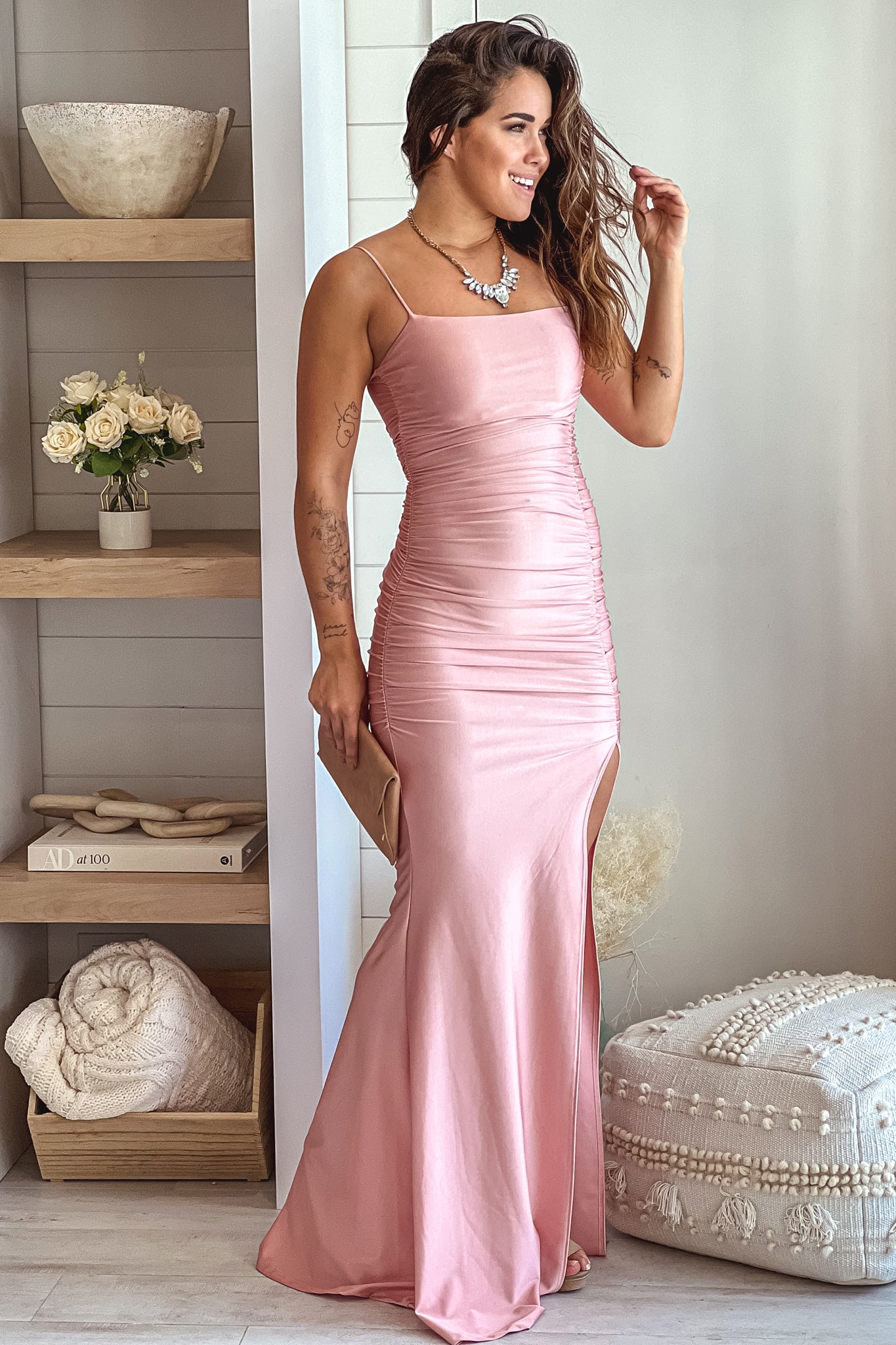 rose metallic maxi dress