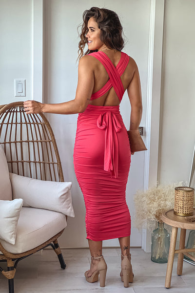 rose multi tie ruched bodycon dress