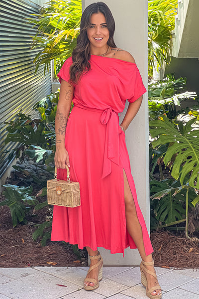 rose one shoulder midi dress with tie waist