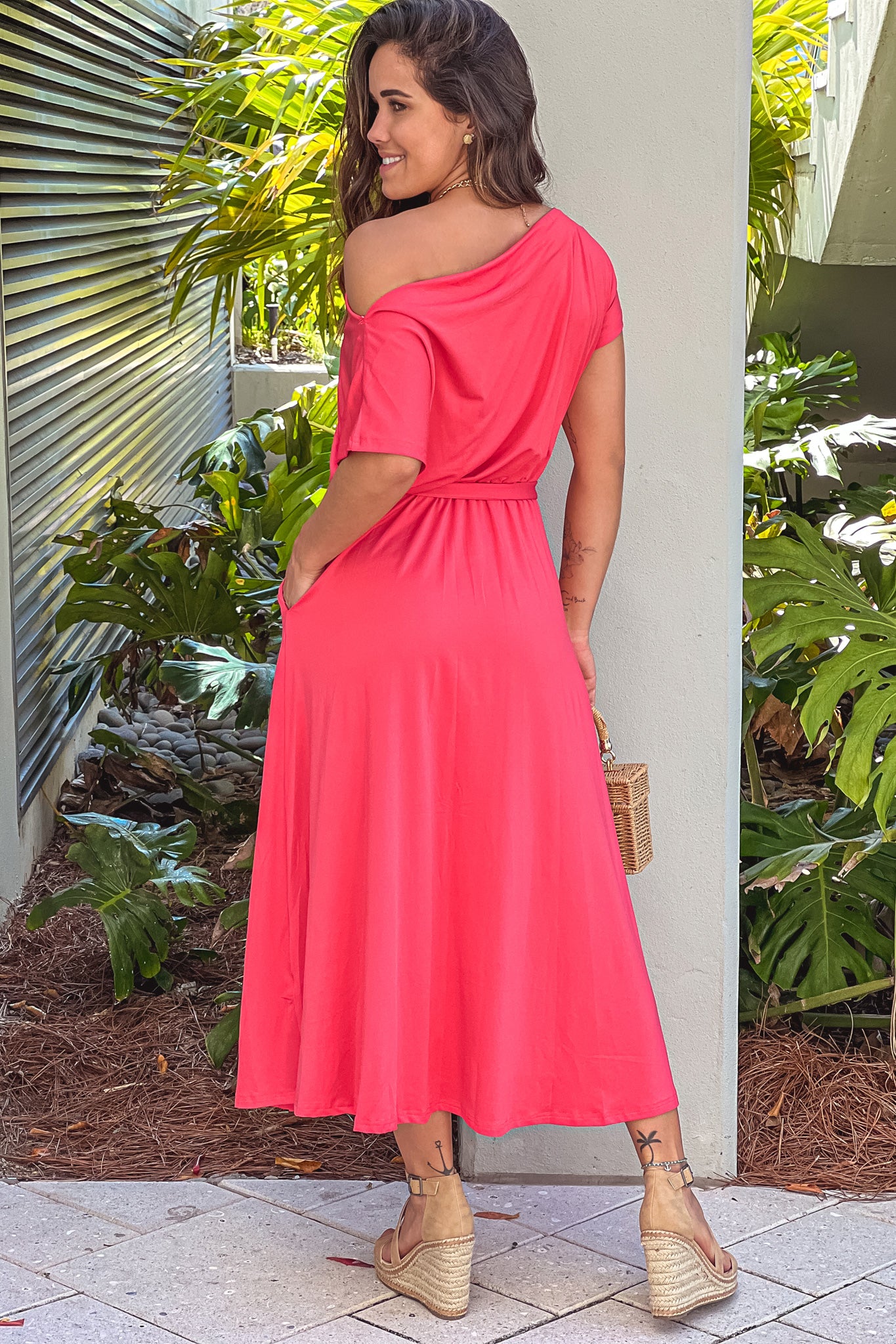 rose one shoulder midi dress